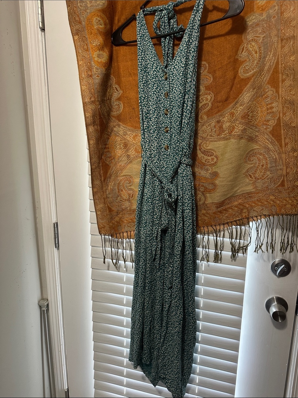 AE Green Floral Halter Romper with Tie Waist